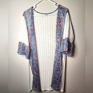 L Love 3/4 Length Sleeve‎ Sheer Cardigan Duster, White with Floral, Women Small